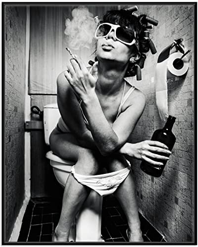 Wallario Wandbild - Kloparty - Sexy Frau auf Toilette mit Zigarette und Schnaps in Premiumqualität, Poster mit schwarzem Rahmen, Größe: 40 x 50 cm