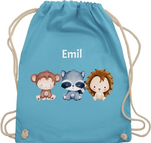 Turnbeutel Rucksack - Tiere - Affe Waschbär Igel - Unisize - Hellblau - personalisierte kindergarten beutel tier stoffbeutel wäschebeutel kita tieren turnsackerl tasche kindergartenkind