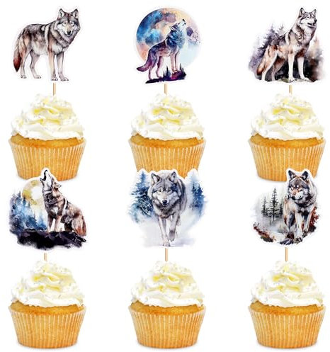 Blumomon 24 Pcs Wolf Happy Birthday Cupcake Toppers - Forest Animal Cupcake Decoration Picks - Jungle Safari Cake Decorations for Wolf Theme Baby Shower Kids Boys Girls Birthday Party Supplies