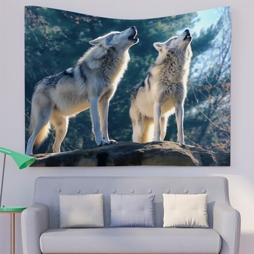 FHDBSST Zwei WeißE WöLfe Im Wald Wandteppich Wandkunst Tier Wandtuch Wandbehang für Schlafzimmer Wohnheim Wanddeko, Tagesdecke, Wandbespannung oder Picknickdecke, 150x100cm