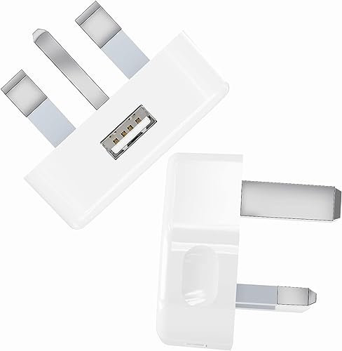 USB Plug UK 3 Pin Mains Charger Adaptor - 5V/1A Wall Charging for iPhone 16 Pro Max/15/14/13/12Pro/XS Max/XR/8/7/6 Plus/5S/iPad, Samsung, USB Devices (2 Pack White)