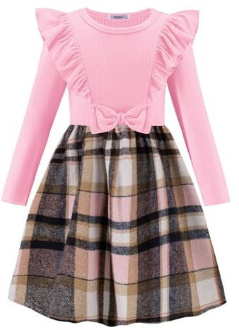 Arshiner Strickkleid Mädchen Langarmkleid Herbst Winter Kleid Kariertes Kinder Partykleid Lila A-Linie Prinzessinnenkleid Kleinkind Geburtstagskleid 4-5 Jahre