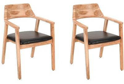 SAM 2er Set Esszimmerstuhl Angel, Akazienholz naturfarben, schwarzes Echtleder, Holzstuhl mit Armlehnen, ergonomischer Massivholz-Sessel mit Leder-Bezug, Stuhl für Küche, Esszimmer & Wohnzimmer