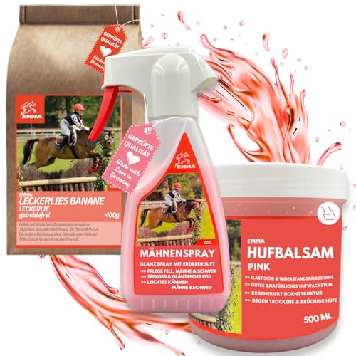 EMMA Pferdeleckerlis + Huffett Pferde + Mähnenspray für Pferde pink I Leckerli Pferd Banane - Schweifspray für Pferde - Pferde Zubehör - Pferde Mädchen Geschenk Pferde Sachen Set 3tlg Fell Mähne Hufe