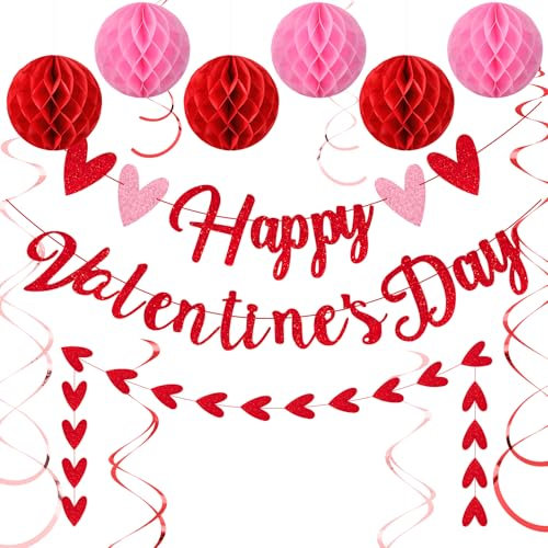 VioraWhite 17 Stück Happy Valentine's Day Dekorationen Rot Rosa Glitzer Herz Valentinstag Banner Schild Valentinstag Hängende Wirbel Wabenbälle für Galentines Party Hochzeit Jahrestag hängende