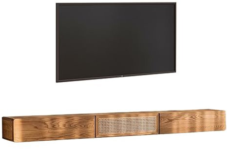 Floating TV Stand Wall Mounted Long TV Unit Entertainment Center with Storage Rattan and Wood TV Cabinet
