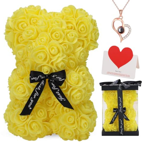 Rose Bear Gift, 10 Inch Artificial Flower Rose Teddy Bear with Gift Box, for Anniversary, Valentine's Day, Wedding, Birthday, Romantic Gift for Her (Yellow)