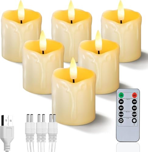 Homemory 6 Stück Wiederaufladbare Teelichter, Kerzen Flackernd mit Fernbedienung und Timer, LED Kerzen mit USB-Kabel für Hochzeit, Party Dekor