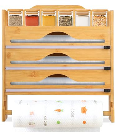 DOYFAY 4 in 1 Bamboo Cling Film Dispenser with Cutter, Wall-Mount or Countertop, Compatible with 32cm Rolls for Cling Film, Tin Foil, Parchment Paper
