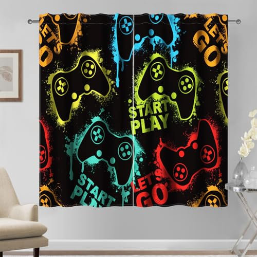 Kzzfqxb 117×138cm Gaming Vorhänge 2 Panels, Kinder Jungen Bunte Silhouette Abstrakte Videospiel Gamepad Druck Fenstervorhänge für Teenager Jungen, Wohnzimmer Schlafzimmer Gardinen