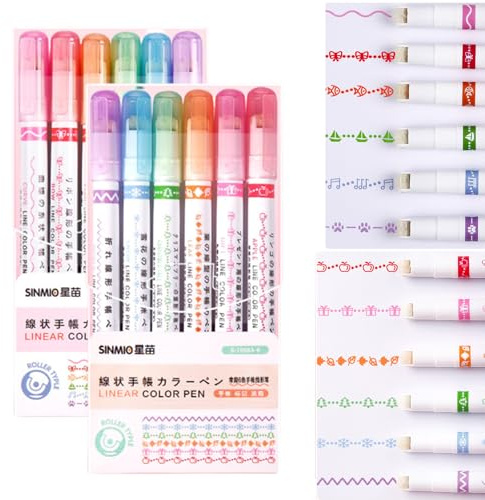 zurabini 12 farbige Kurvenstifte für Notizen, Doppelspitze Stifte mit 12 verschiedenen Kurvenformen und 12 Farben feine Linien, Curve Textmarker Stift Set für Kinder Journaling Notizen