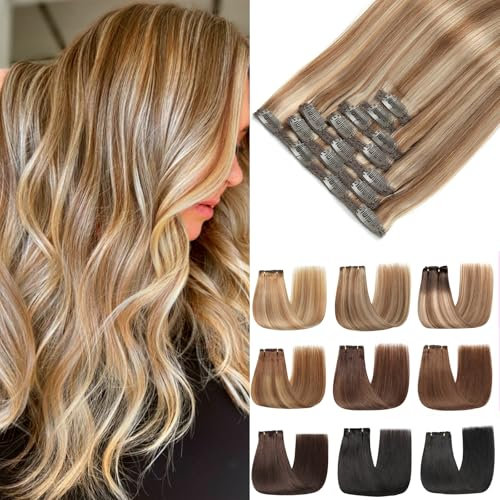 EINbeauty Clip In Extensions Echthaar 7Stücke Extensions Echthaar Gerade Echthaar Extensions Hellbraun gemischt Ashblond Extensions Clip In 80g 35cm(14Zoll,P6/18K#)