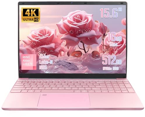 UDKED 15.6 inch Laptop, Celeron N95, 16GB DDR4, 4K UHD IPS, Fingerprint Unlock, Backlit Keyboard, Windows 11, Lightweight Portable Notebook for Study, Work, Office (Rose Gold, 16+512G)