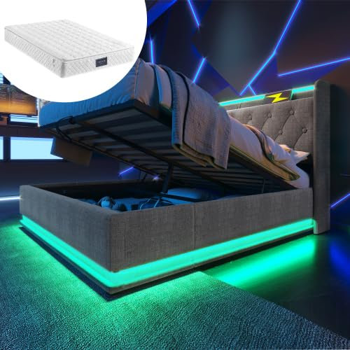 Polsterbett 160x200, LED Doppelbett mit Stauraum und Lattenrost, Kopfteil mit Staufach und USB-Ladefunktion, Hydraulisch Stauraumbett Rückenlehne, Mit Matratze (Grau - A, 160×200cm - Mit Matratze)