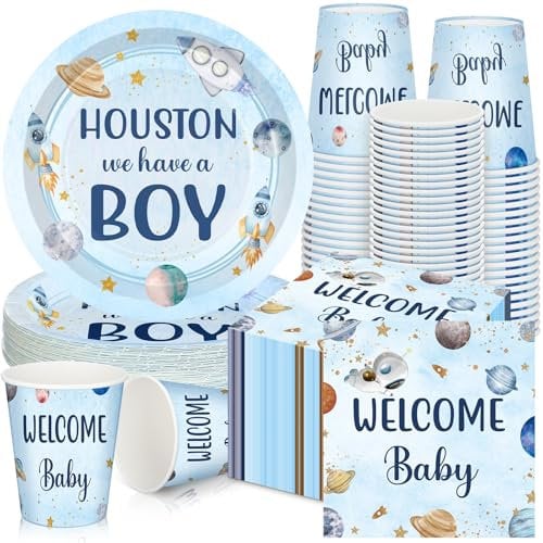 Hushee 200 Pcs Baby Shower Paper Plates Napkins Cups Baby Shower Party Supplies Tableware Set Disposable Cup Napkin for 50 Guest Party Decoration (Blue,Outer Space)