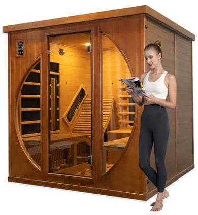 Smartmak Far Infrared Double Reclining Sauna, 2 Person Indoor Red Cedar Home Sauna, 10 Carbon Crystal Panels, 7 Color Lights, Oxygen Bar, Bluetooth Speakers (220 V, 3400 W)