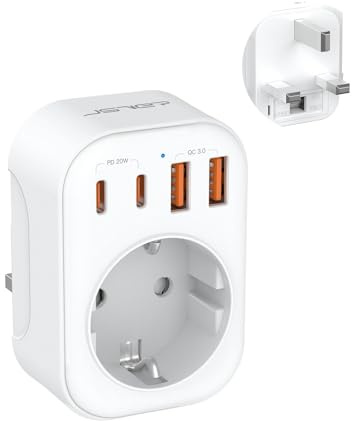 JSVER Adaptador Enchufe UK, Enchufe de Viaje con 2 USB C(PD 20W) y 2 USB A, Adaptador Enchufe Español a UK Adaptador de Viaje Tipo G para EU a UK,Irlanda, Malasia, Singapur, Hong Kong, Macao