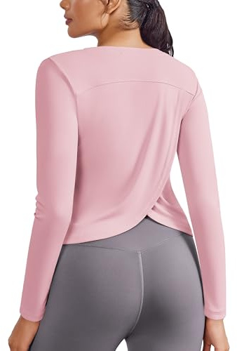 PINSPARK Women's Sport T-Shirt Long Sleeve Gym Tops Crew Neck Workout Shirts Lightweight Breathable Yoga Top UV Protection Split Back Tee Shirt for Training Pink XL