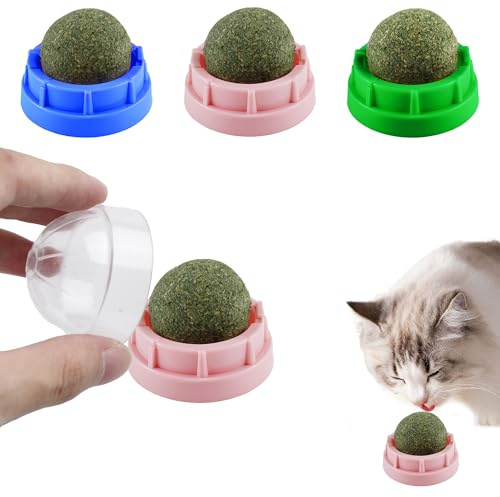 Yunova Katzenminze Ball 4er Set – Selbstklebendes Leckspielzeug für Katzen aus ABS – mit natürlicher Katzenminze, 4,6 × 4,2 cm – Beschäftigung für Wohnungskatzen