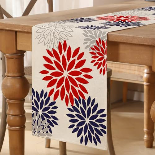 Tischläufer Rot Marineblau Blumen Dahlien Tischläufer Modern Herbst Saisonal Table Runner Küche Tisch Dekoration Tischdecke für Hochzeit Esszimmer Drinnen Urlaub Party Dekor 40x180 cm