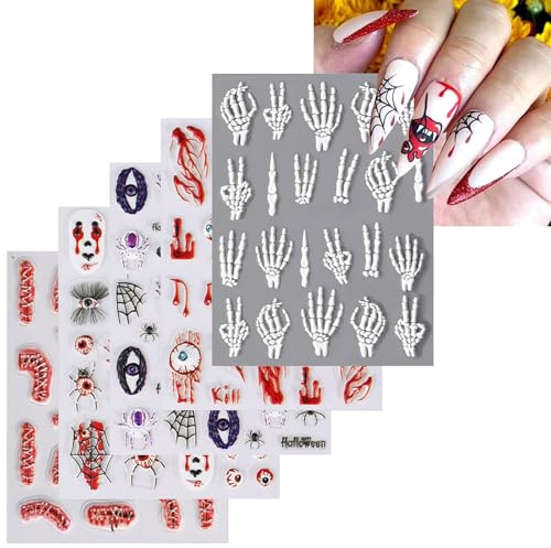 Halloween Nail Art Stickers,10 Sheets Ghost Hand Spider Web Self-Adhesive Nail Decals Transfers for Manicure Design Decoration Supplies (Red White)