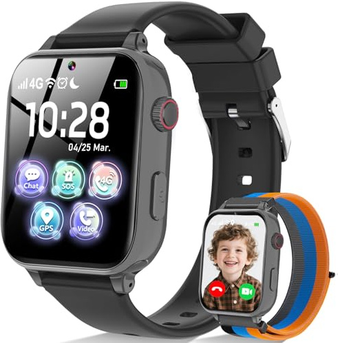 4G Smartwatch Kinder, Kinder Telefonuhr mit GPS, WIFI, SOS, Telefon/Videoanruf/Voice Chat, Schulmodus, Wecker, Schrittzähler, Spiele, kinderuhr Smart Uhr für Jungen Mädchen 4-12 Geschenk, Schwarz