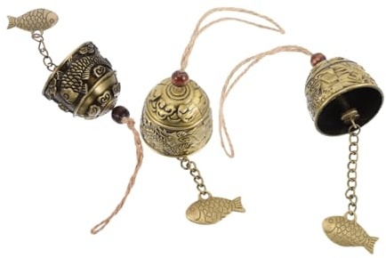 Angoily 3 Stück Vintage Windspiele aus Messing mit Kunstvollen Drachen und Fischgravuren Feng Shui Glücksglocken für Garten und Terrasse mit Hanfschnur zum Aufhängen