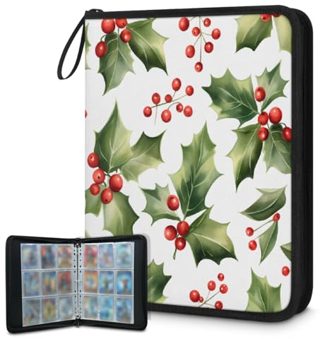 Trading Card Binder 9 Pocket Christmas Holly Leaves Berries Cards Binder Holder Folder Card Album with Removable Sleeves Waterproof Card Book with Zipper 50 Page 900 Card Capacity