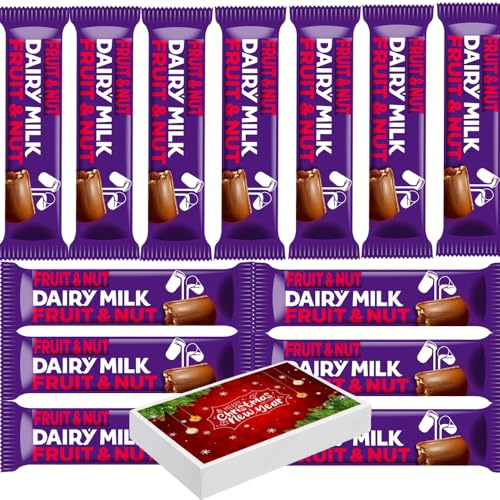 Dairy Milk Fruit & Nut Chocolate Bar 49g With Christmas Giift Box - Milk Chocolate With Crunchy Almonds and Dried Grapes - cdb (20 x Bars)