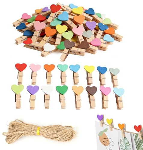 70 Pezzi Mollette Cuore in Legno Colorato con 20 m di Spago, Mini Mollette per Foto, Biglietti, Matrimonio, Scrapbooking, Fai-da-Te, Decorazioni Creative, Colori Misti, Design Ecologico