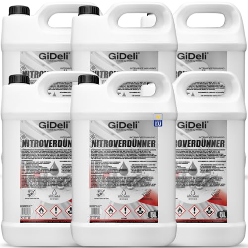 GiDeli Nitroverdünnung 6 x 5 L - Pinselreiniger für Betriebe | Universalverdünnung als Dauerbedarf, wäscht Spritzgeräte aus, entfettet Metall vor dem Lackieren