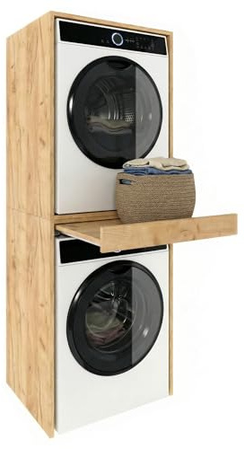 möbelkap ModernHome Waschmaschinenregal für Waschmaschine und Trockner | Waschturm Schrank mit ausziehbarer Ablage | Waschraum Möbel | Eiche Craft Gold | Schrank für Waschküche mit Stauraum