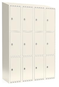 kaiserkraft | 3er-Schließfachschrank Fydor | 4 Abteile | Weiß | B 1200 mm | schräge Dachform | Vorhängeschloss