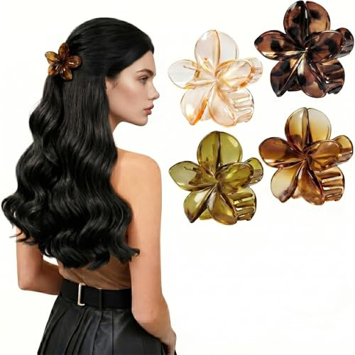 4 Piece Flower Hair Claw Clip Set, Translucent Gloss, Non Slip Grip, Strong Spring Hair Clips for Fine Thick, Half Up Styles, Buns, Everyday Travel (Brown Tortoise Mix 4 Pack)