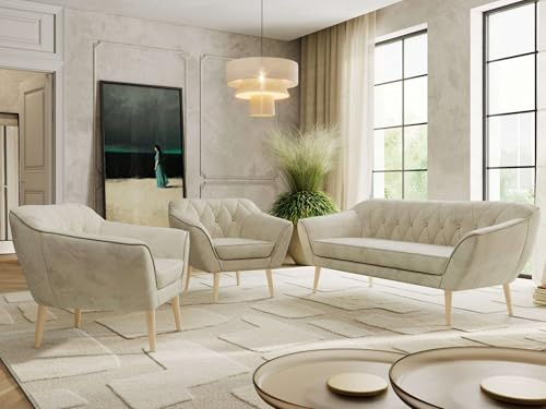 MKS MEBLE Sofagarnitur PIRS 3 + 1 + 1 - Couchgarnitur im skandinavischen Design, Gesteppte Polsterung, Wellenfederung, Wohnzimmer Sofa Set - Buche Beine, Beige Velvet