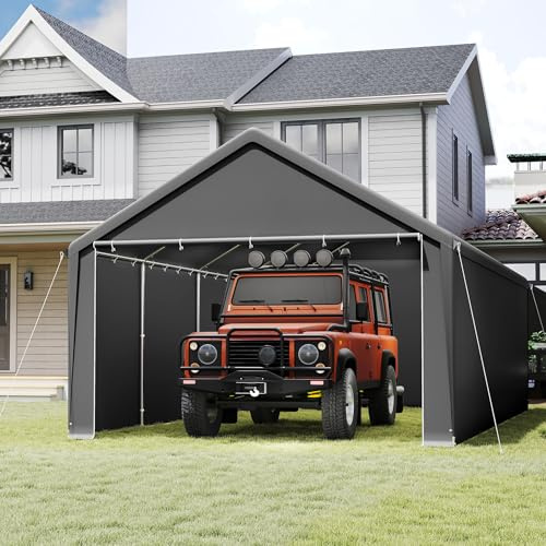 MAYTIIMO Carport Lagerzelt 4x8m Grau, Stahlgestell verzinkt, PE Plane 200g/m² wasserdicht UV Schutz, inkl. Seitenplanen, Dachverstärkung & Zubehör für Fahrzeuge und Lagerung