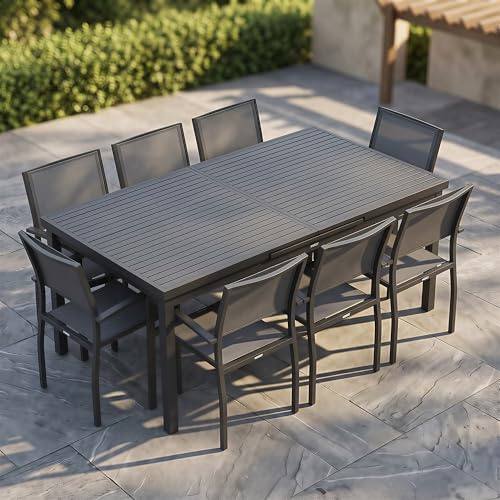 HIGOLD Heck Gartenmöbel Set 9-TLG Aluminium Ausziehtisch & Textilene-Stuhl | 8 Stapelbare Wasserfester Gartenstühle 1 Großer Esstisch aus Aluminium Outdoor-Essgruppe für Garten Terrasse, Anthrazit