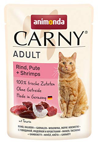 animonda Carny Katzenfutter nass Rind, Pute + Shrimps, 12 Portionsbeutel (12 x 85g), getreidefreies Katzen Nassfutter ohne Zucker, mit frischen fleischigen Zutaten