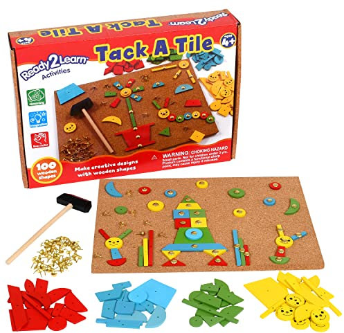 READY 2 LEARN Tack A Tile - Wooden Hammer Toy - 100 Shapes - Big Corkboard - Kid-Friendly Tacks - Foster Imagination, Fine Motor Skills and Reasoning