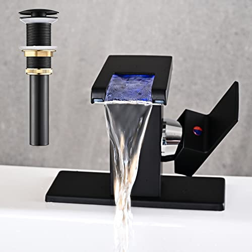 AVSIILE Grifo LED para lavabo de baño, cascada negro mate, mango de un solo agujero, grifos de tocador de baño RV para fregaderos, 1 agujero con drenaje desplegable de metal y 2 líneas de suministro