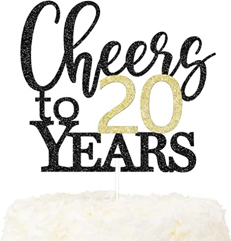 LOVENJOY Cheers to 20 Years Cake Topper Hallo 20. Geburtstag Tortendeko für Happy 20th Birthday Hochzeitstag Party Kuchen Dekoration, Zweiseitiger Glitzer Schwarz und Gold
