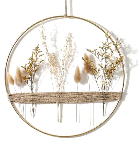 WPAJIRZO Corona di fiori secchi, 30 cm, anello in metallo bohémien, decorazione da parete, finestra, soggiorno, porta, ideale per tutto l'anno