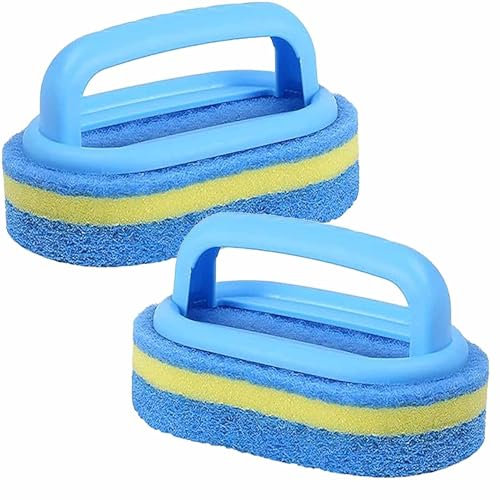 2 Pcs Bathroom Cleaning Sponge Brush with Plastic Handle Multi Function Scourer for Kitchen Tiles Bathtub and Toilet All Purpose Durable Design Blue Color