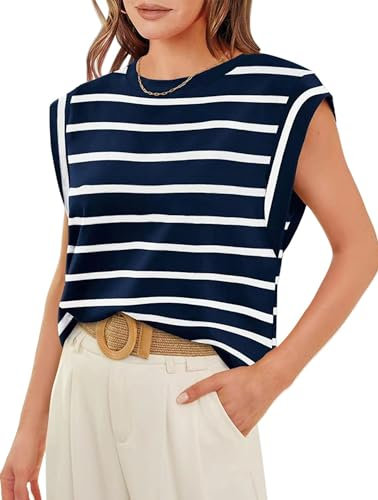 PANOZON Womens Cap Sleeve T-Shirt Summer Tank Top Crewneck Casual Loose Fit Basic Tee Shirt Blue and White Stripe Stripe S