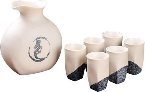 Juego de Sake japones de 7 Piezas, Juego de Tazas de Sake, Tazas de ceramica de Porcelana Tradicional, Manualidades, 6 Tazas y 1 Recipiente para Sake(D)