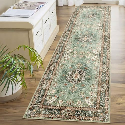 Castage Waschbarer Läufer, 5 x 20 cm, grün, rutschfest, lange Boho-Teppiche für Flur, Küche, Schlafzimmer, Eingangsbereich, Wohnzimmer, Badezimmer, Vintage, Bohemian-Stil, orientalischer Bodenteppich