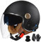 GNIUBBDB Bluetooth-Motorrad-Jethelm, Retro-Halbhelm im Deutschen Stil, 3/4-Rollerhelm für Erwachsene, ECE-zugelassen, mit Doppelvisier, Motorrad-Moped-Helme B-4,L (59-60cm)