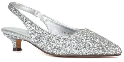 ESSEX GLAM Women's Silver Glitter Slingback Court Shoes Ladies Kitten Low Heel Point Toe Classic Wedding Party Evening Closed Toe Pumps Size 7