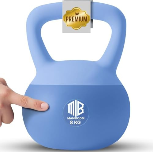 ManiBoom Pesas Rusas PVC SUAVE 2 kilos 3kg 4kg 5kg 6kg 8kg 10kg 12kg - Pesa Rusa Kettlebell Relleno de Arena de Hierro INSONORIZADO con Agarre Grueso ANTIDESLIZANTE - Protege el Suelo