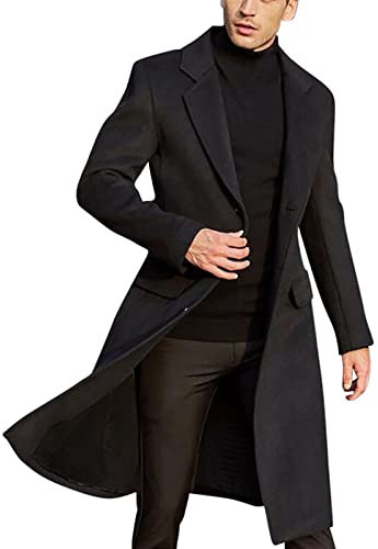 Beokeuioe Long Jacket Winter Coat Single Breasted Pea Coat Casual Trench Coat for Men Loose Fit Business Suit Jackets Long Jacket Coat Elegant with Notched Lapel, black, S